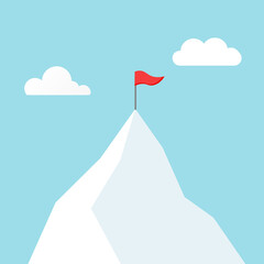 Mountain climbing to peak. Business journey in progress. Red flag symbol of success and goal achievement. Vector illustration in trendy flat style