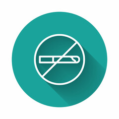 Wall Mural - White line No Smoking icon isolated with long shadow background. Cigarette symbol. Green circle button. Vector