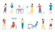 People cooling hot summer. Drinking water, person with fan in heat. Sweating woman man, sitting under air condition. Isolated vector recent characters