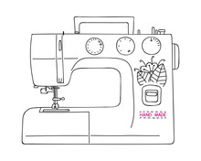 Sketch Of Modern Electric Sewing Machine. Tailor Equipment In Hand-drawn Line Style. Editable Contour. Vector