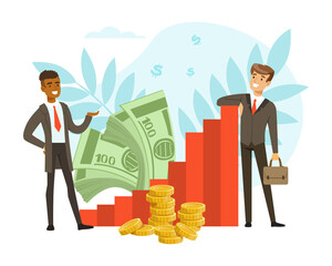 Poster - Businessman in Suit and Tie Near Banknotes, Coins and Growing Profit Graph or Chart Vector Illustration