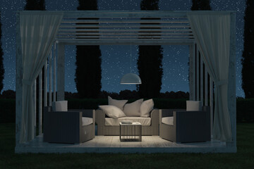 3d rendering of white wooden patio roof with rattan sofa outside at green meadow under starry night sky