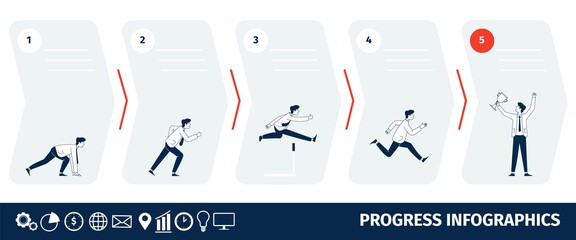 Business progress steps. Businessman step to goals infographic, creativity financial lead. Progress and success promoted, corporate race recent vector banner