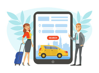 Wall Mural - Carsharing with Young Woman with Suitcase Renting Car Using Mobile App on Smartphone Vector Illustration