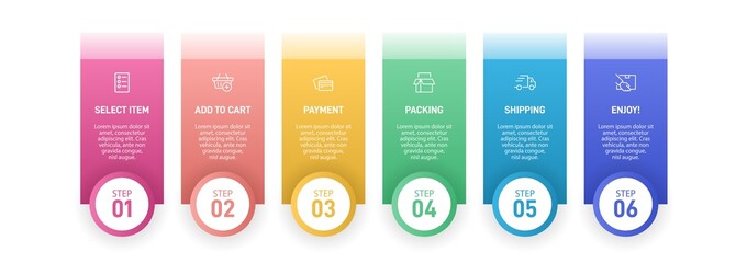 Concept of shopping process with 6 successive steps. Six colorful graphic elements. Timeline design for brochure, presentation, web site. Infographic design layout.