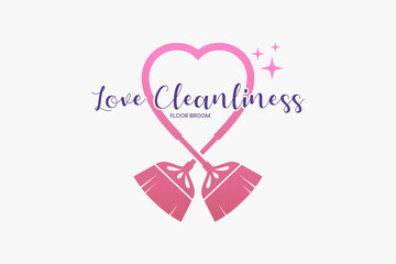 A floor sweep logo or house cleaning service with a creative concept, the silhouette of two floor brooms combined with a heart icon