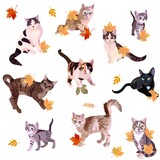 Fototapeta Koty - Funny cats play with fallen leaves isolated on white background in vector. Natural print for fabric.