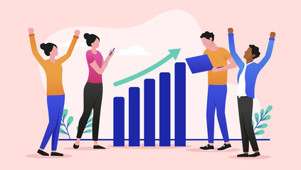 Aufkleber - Company growth - Group of business people in casual clothes cheering and celebrating rising graph. Success concept, flat design vector illustration