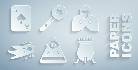 Wall Mural - Set Masons, Mantle, cloak, cape, Fireball, Witch cauldron, Magic wand and Playing cards icon. Vector