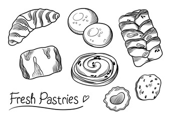 Fresh pastries, French rolls, maple pecans, croissants, muffins, cookies. Vector set with baking in sketch style, illustration for postcards, packaging, cafe.