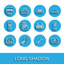 Set Line Passport With Visa Stamp, Key, Location Hotel, Paddle, Airline Ticket, Suitcase, Lighthouse And Signboard Text Hotel Icon. Vector
