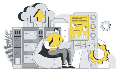 Data center technology concept with outline people scene. Man engineer maintains server room and controls performance of hardware on dashboard. Illustration in flat line design for web template