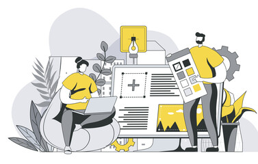 Wall Mural - Designers agency concept with outline people scene. Man and woman working on project, creating graphics content and elements for site layout. Illustration in flat line design for web template