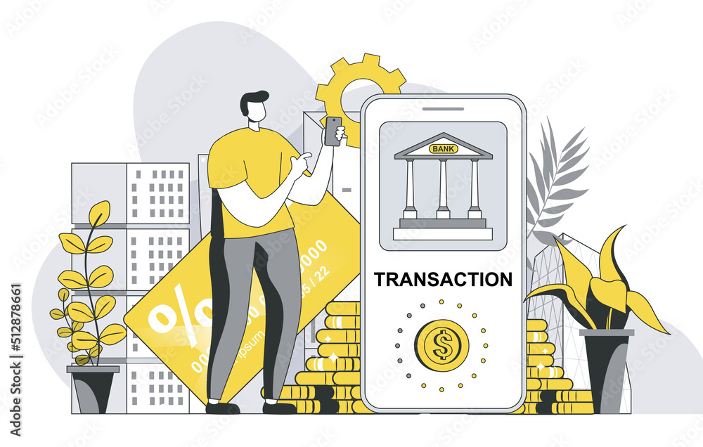 Mobile banking concept with outline people scene. Man makes online ...