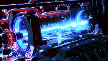 3d futuristic a detail of electromagnetic machine with gravitational fields energy particles. motion
