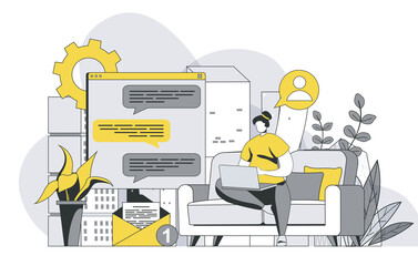 Wall Mural - messaging service concept with outline people scene. woman writes messages and sends using laptop pr