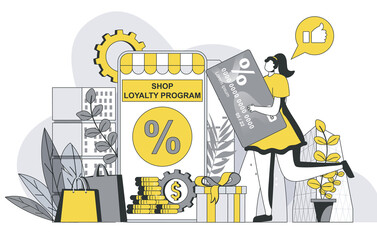 Poster - Shop loyalty program concept with outline people scene. Woman receives discount card with cumulative bonuses for regular customer from store. Illustration in flat line design for web template
