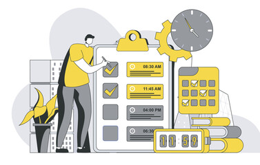 Fototapete - Time management concept with outline people scene. Man creates schedule and to-do list, keeps track of time to complete tasks and marks dates. Illustration in flat line design for web template