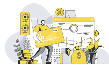 Fototapete - Virtual finance concept with outline people scene. Man manages personal finances in personal account, makes transactions, analyzes bank data. Illustration in flat line design for web template
