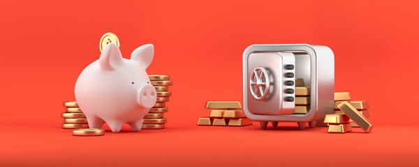 Money savings financial concept. Piggy bank with coins and metal vault open silver safe box with gold bars. 3D rendering.