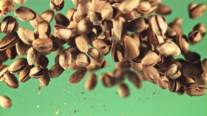 Poster - Pistachios go up and down. On the green screen. Filmed on a high-speed camera at 1000 fps.