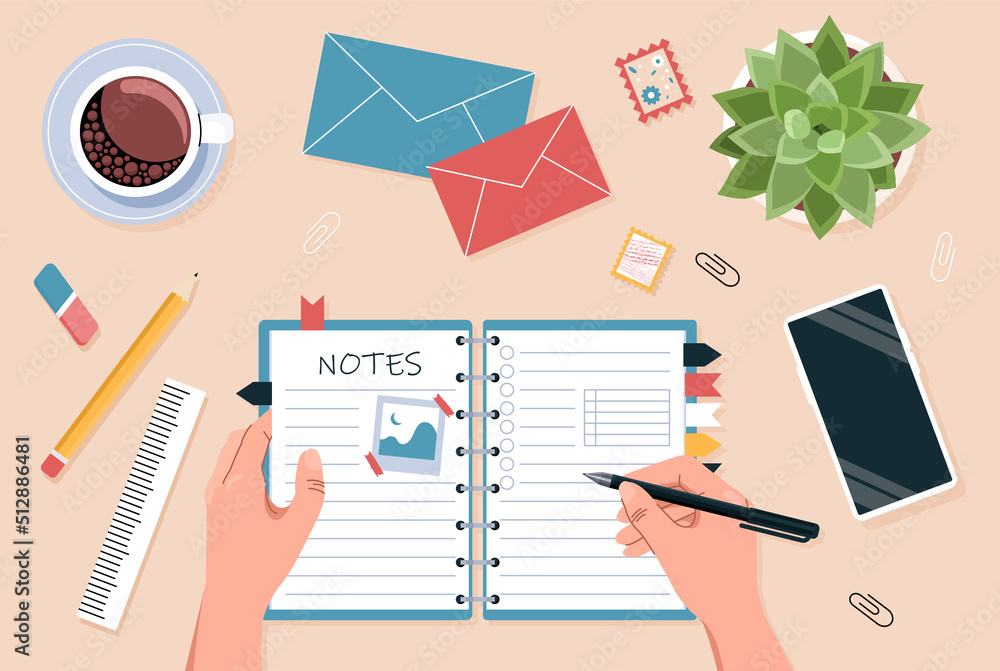 Open diary concept. Character writes down his emotions and plans in ...
