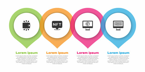 Set Cryptocurrency wallet, NFT Digital crypto art, Monitor with store app and Binary code. Business infographic template. Vector