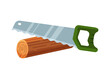 © Oxy D - Hand saw sawing a tree. Cutting wood and logging wood industry concept. Isolated vector illustration in flat cartoon style.