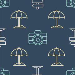 Wall Mural - Set line Road traffic signpost, Sun protective umbrella for beach and Photo camera on seamless pattern. Vector