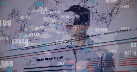 Canvas Print - Animation of data processing over men using vr headset