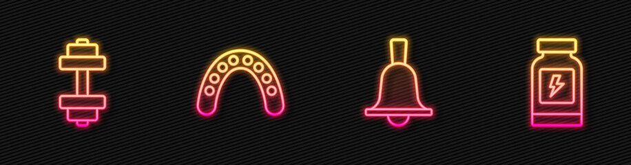 Wall Mural - Set line Boxing bell, Dumbbell, Mouth guard boxer and Energy drink. Glowing neon icon. Vector