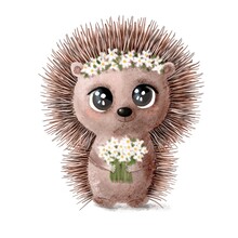 Cute Hedgehog With A Flowers And A Wreath On Her Head. The Illustration For Postcards, Banners, Posters, Prints And More