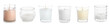 Set of aroma candles in holders on white background