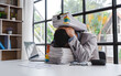 © Phushutter - Overworked sad businessman with stack of  papers, business people, deadline, stress and paperwork concept.