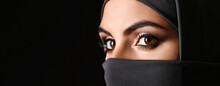 Portrait Of Beautiful Muslim Woman On Dark Background With Space For Text, Closeup
