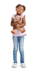 Poster - Little African-American girl with teddy bear on white background