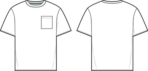 Pocket T-shirt Flat Technical Drawing CAD Illustration Short Sleeve Blank Streetwear Mock-up Template for Design and Tech Packs