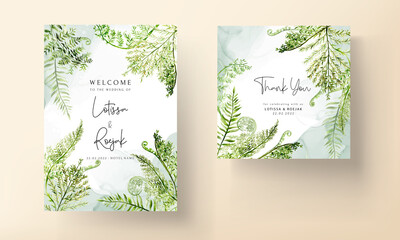 Wall Mural - elegant wedding invitation template with greenery watercolor fern leaves