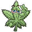 A marijuana leaf vector cartoon character illustration flashing a peace gesture