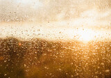 Fototapeta  - Close-up of raindrops on transparent glass.Blurred background of silhouette landscape, the sun with golden light during sunset or sunrise.The texture of wet glass. Abstract background.