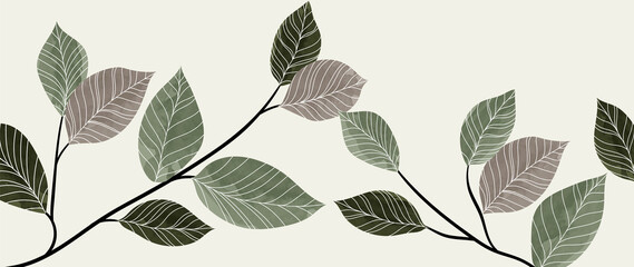 Abstract botanical vector background. Tropical plant wallpaper with foliage, tree branches, leaves in hand drawn pattern. Green botanical forest design for cover, prints, wall art, decorative.