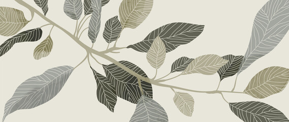 Abstract botanical vector background. Tropical plant wallpaper with foliage, tree branches, leaves in hand drawn pattern. Green watercolor botanical design for cover, prints, wall art, decorative.