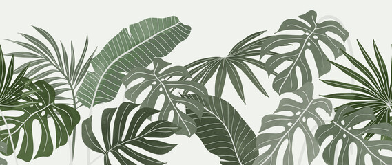 Abstract botanical vector background. Tropical plant wallpaper with foliage, palm, leaves, monstera in hand drawn pattern. Green watercolor botanical design for cover, prints, wall art, decorative.