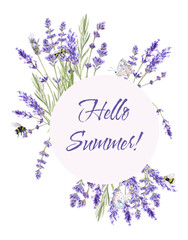 Wall Mural - Watercolor illustration of lavender, floral frame. Provence illustration. isolated on white. Hello summer!