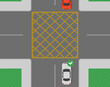 Safety car driving tips and traffic regulation rules. Yellow box junction rule. Correct position on the junction road. Flat vector illustration template.