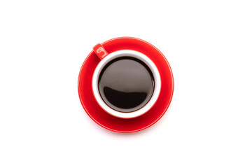 Top view black coffee or Americano in red cup isolated on white