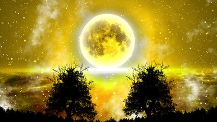 Wall Mural - Fantasy Night silhouette of two Trees on full moon background