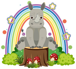 Sticker - Cute rhinoceros on stump in flat cartoon style