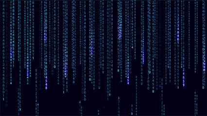Blue matrix on the dark background with different numbers and light. Big data visualization. Digital texture backdrop. Vector illustration.