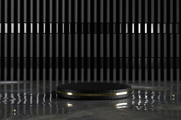 Luxury leather round display podium on a silver black wall with water reflection in studio room. 3D illustration.